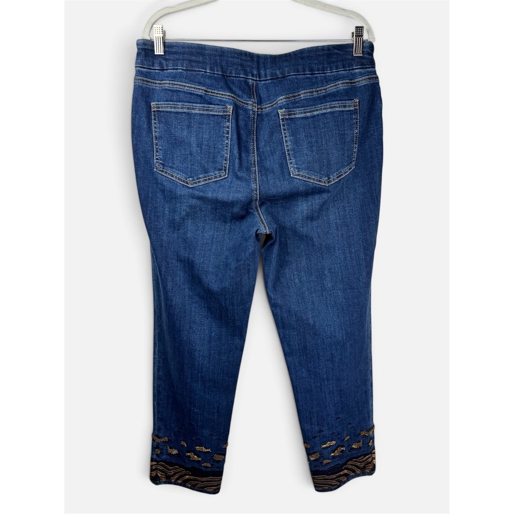 CHICO'S JACKSON INDIGO ANIMAL PRINT BEADED HEM PULL ON ANKLE JEGGINGS SIZE 12R - Picture 2 of 9